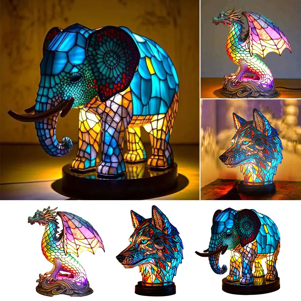 

3D Stained Glass Table Lamp Resin Animal Shape Night Light Elephant Wolf Dragon Desktop Ornaments Bedroom Atmosphere Light