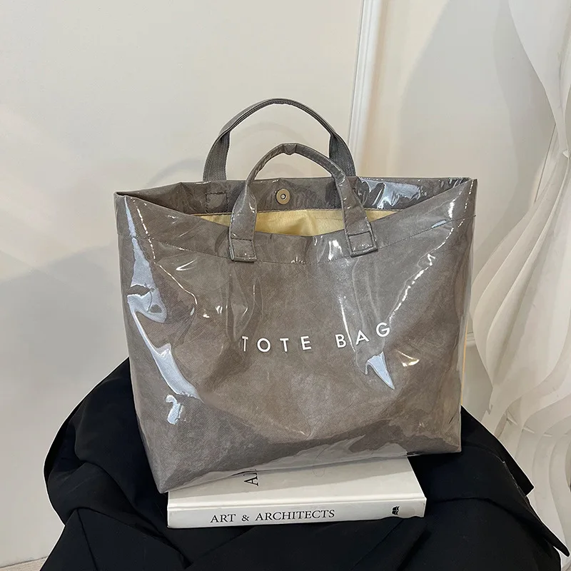 Women's Glossy PVC Tyvek Tote Bag Large Capacity Waterproof Handbag with Polyester Lining, Casual Handheld Shopper Bag for Work image 5