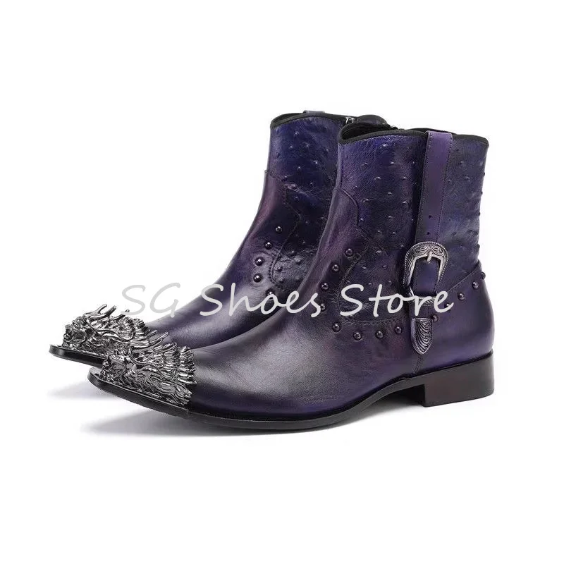 Punk Rivet Belt Buckle Ankle Short Boots Male Party Dress Leather Shoes Fashion Design Metal Lion Head Men's Chelsea Boots view 4