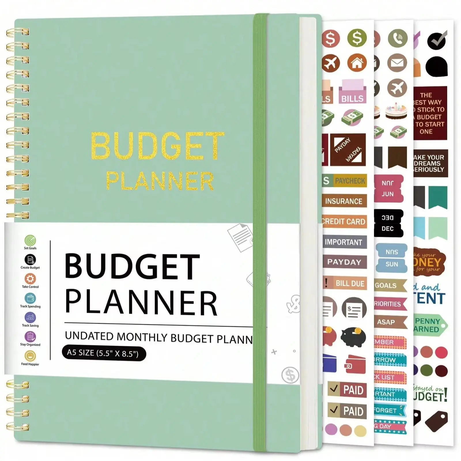 A5 Undated Monthly Budget Planner with Stickers, Spiral Finance Organizer Expense Tracker Notebook for Bills Savings Goals