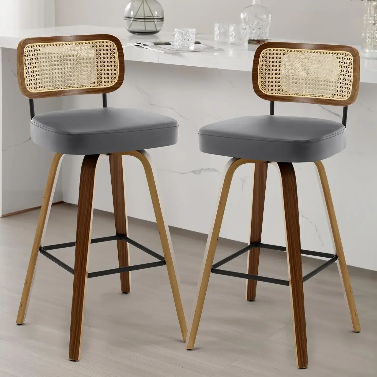 XMSJ.Swivel Bar Stools Set of 2, Upholstered Faux Leather Barstools with Rattan Back, Bentwood Wood Frame, 29" Seat Height Bar C