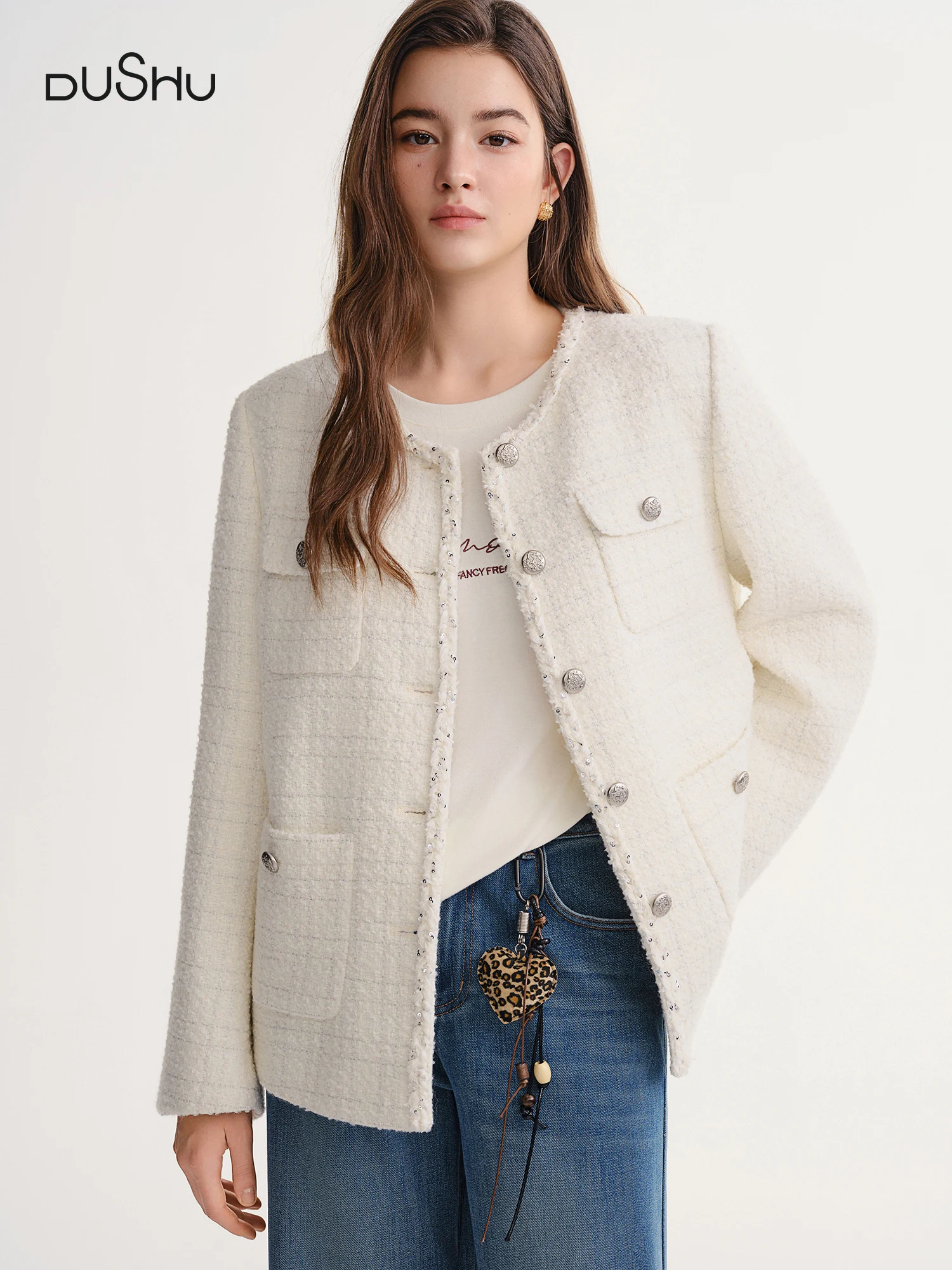 

DUSHU Autumn Winter 2025 Women's Embellished Tweed Jacket - Heavy Craft Lace Trim & Braided Detail Casual Elegance Outerwear