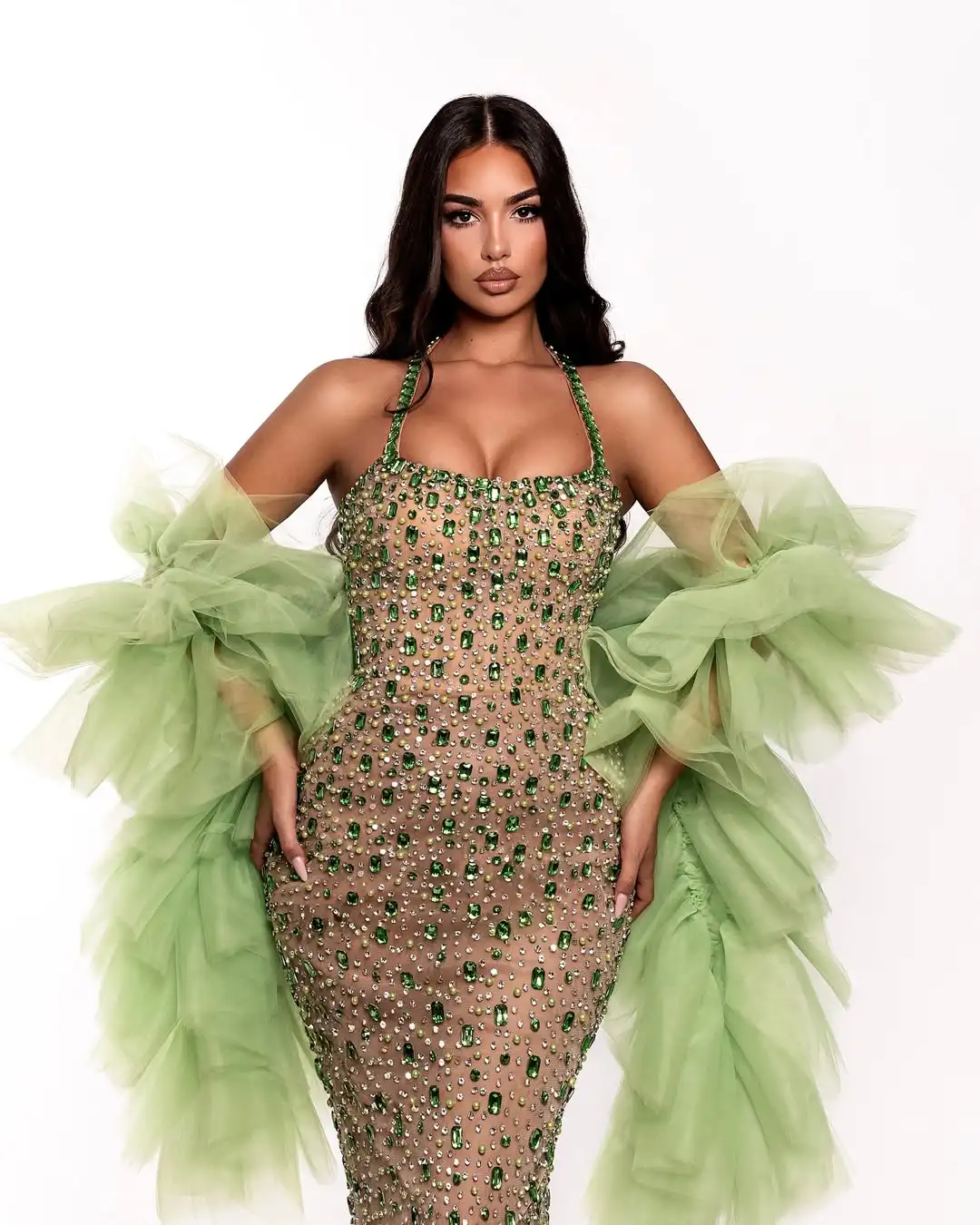 

New Design Fashion Luxury Crystal Beading Halter Sexy Mermaid Evening Dress With Ruffles Tulle Shawl Slim Prom Dress