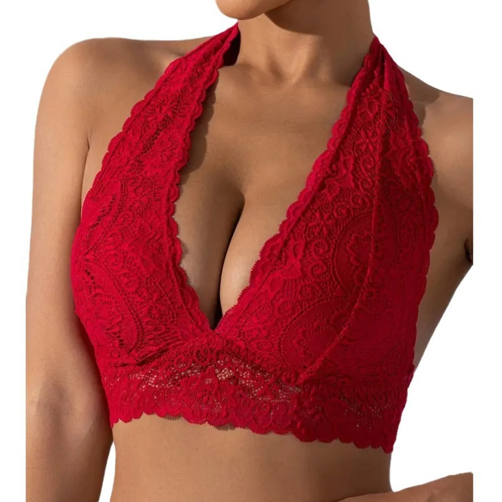 Custom Personalized Rhinestone Letter Name Holiday Gifts Sexy Lace Halter Bra Wireless Ultra-thin No Padding Backless Lingerie