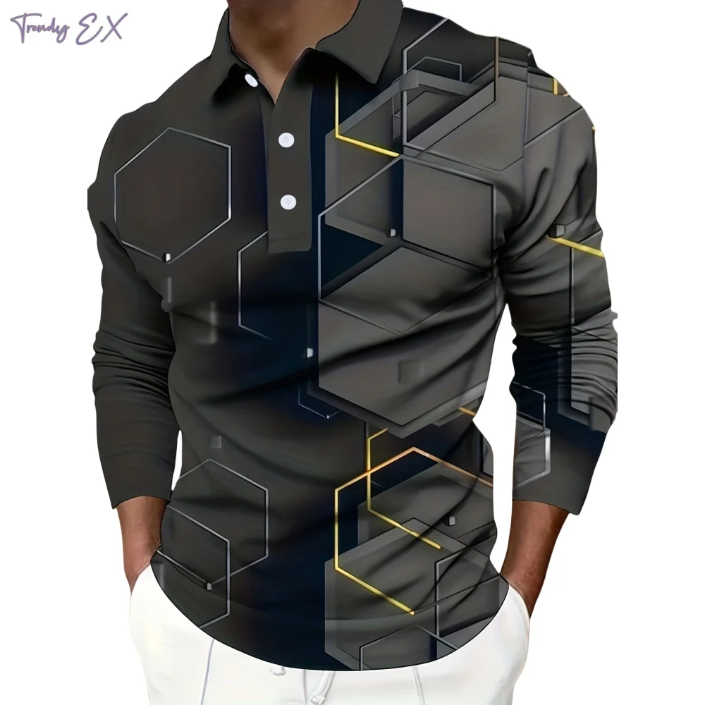 Geometry 3D Pattern Polo Shirts Men Casual Comfy Versatile Golf Wear Men's T-Shirt Top Fashion Sports Lapel Long Sleeve Clothing