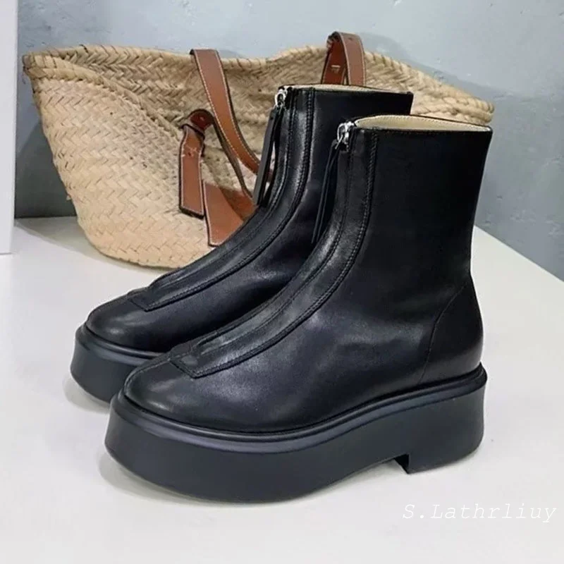 Genuine Leather Height Increasing Thick Soled Short Boots Women British Style Front Zip Ankle Boots Autumn Winter Chelsea Boots