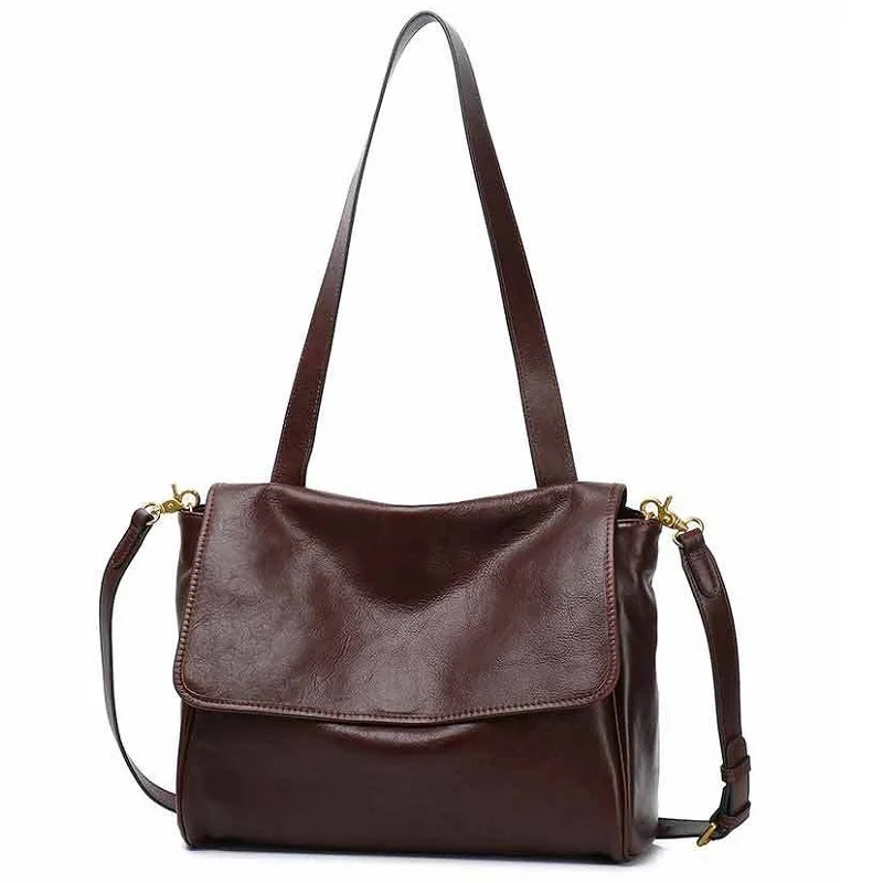 

Handmade Pure Color Cowhide Messenger Bag Women Shoulder Bag Vegetable Tanned Leather Handbag High Quality Commuter Office Tote
