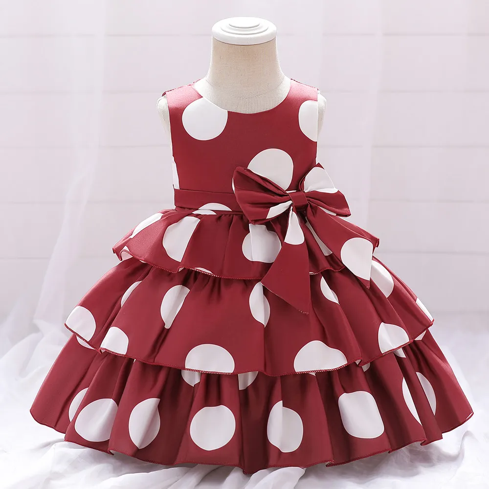 Girl Polka Dot Cake Dress Sleeveless Wedding Birthday Costumes For Kids Children Fashion Bow Ball Gown Evening Prom Gown Clothes