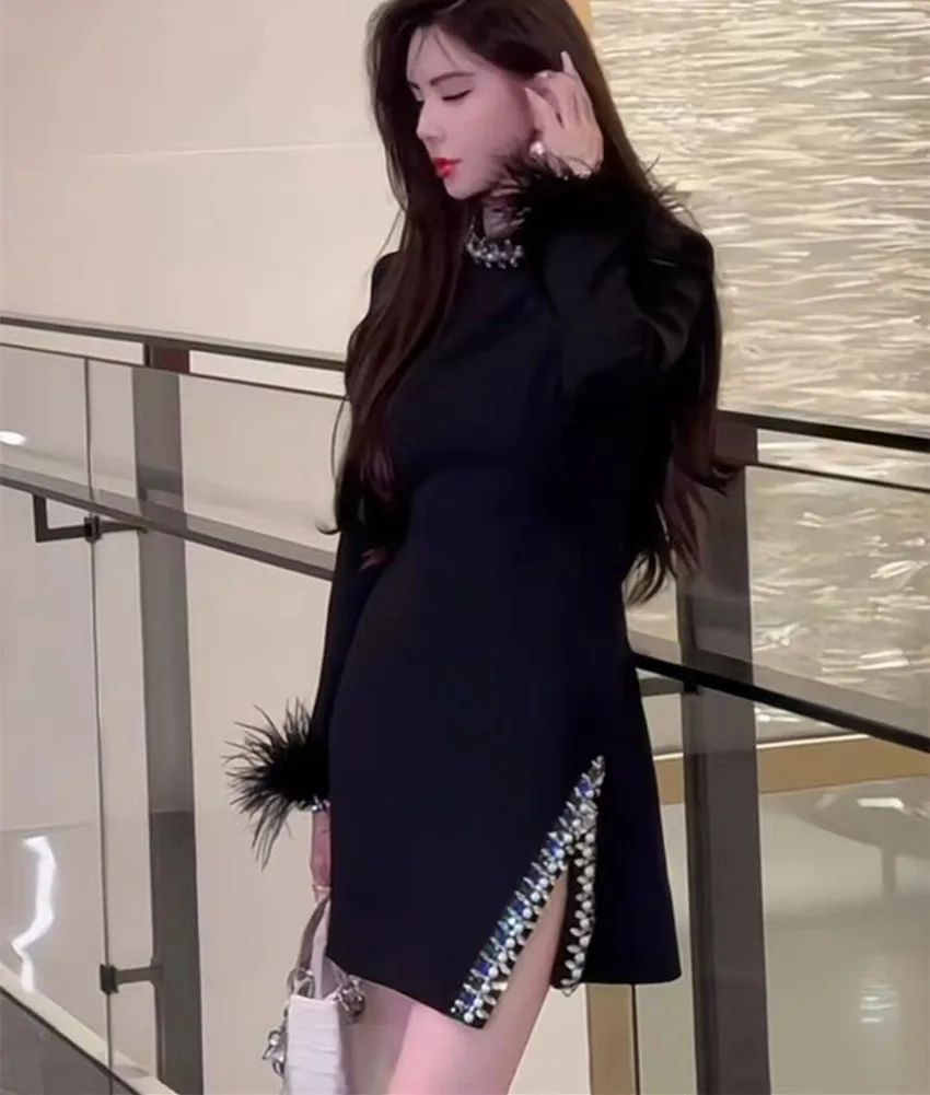 Luxury Fashion Designer Spring Velvet Party Dress Women Beading Diamonds Stand Collar Feather Long Sleeve Split Black Mini Dress