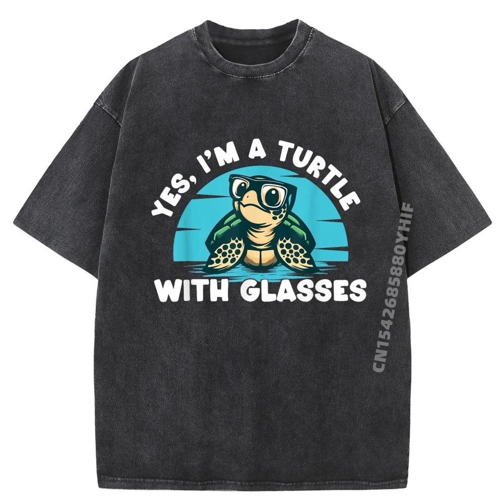 

Yes I M A Turtle With Glasses Ocean Animal Reptile Lover Black Graphic Tees Men's Clothing Funny Washed Shirt