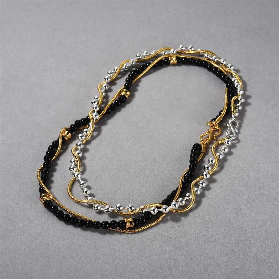 2024 Ins Influencer Modern Bio-Colors Black Agate Bead Neck Necklaces Silver Ball 18K Gold Plated Two-tones Snake Chain Choker