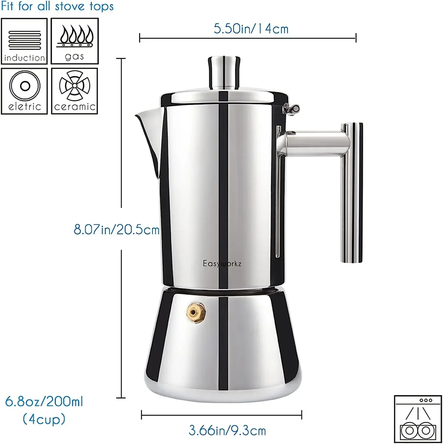 Easyworkz Diego Herd-Espressomaschine, Edelstahl, italienische Kaffeemaschine, 4 Tassen, 6,8 oz, Induktions-Moka-Kanne