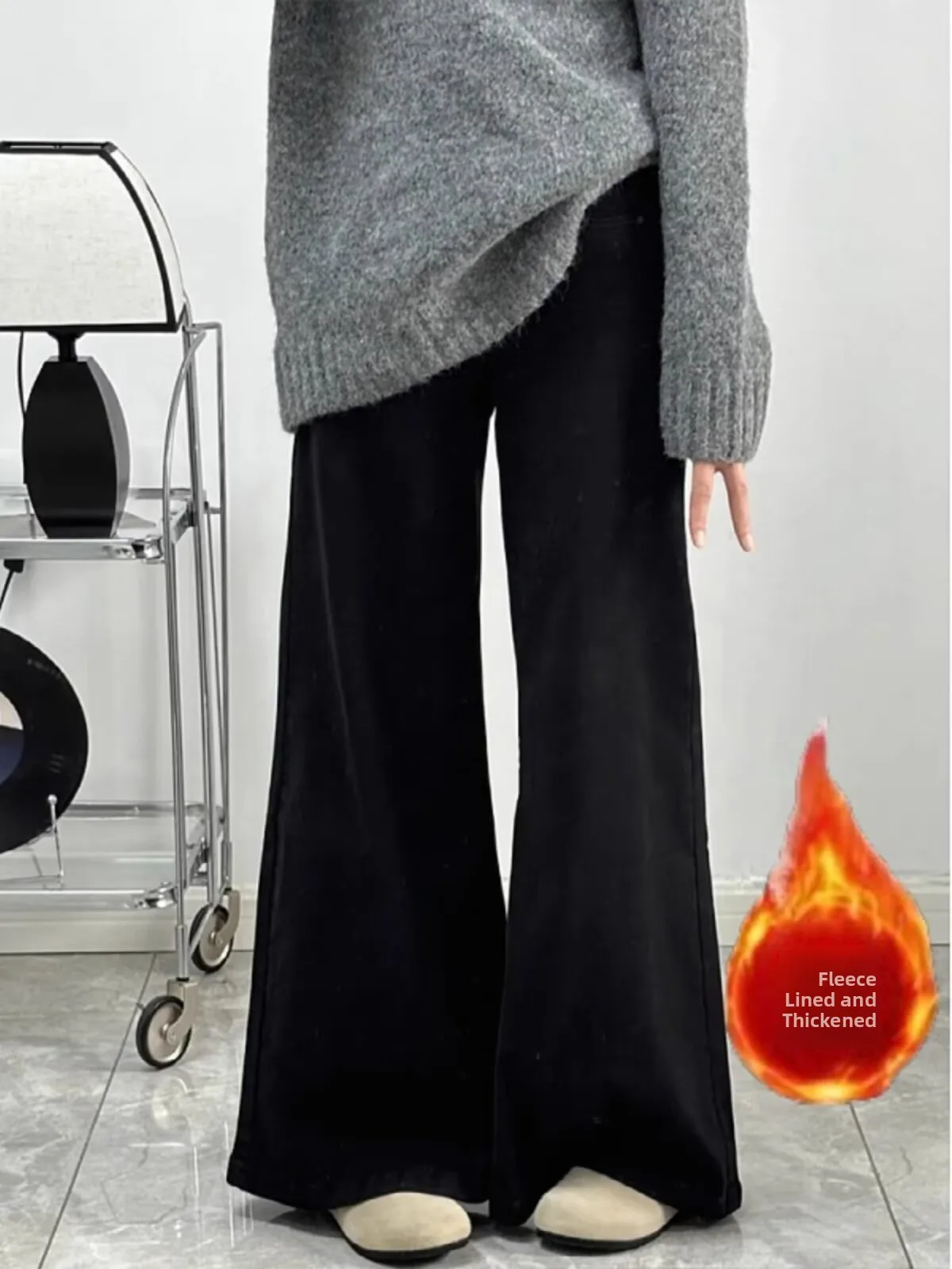 

Женские джинсы с высокой талией, на флисовой подкладке, утепленные, микро-клеш, осенне-зимние, больших размеров, широкие брюки, скрывающие недостатки фигуры, стройнящие