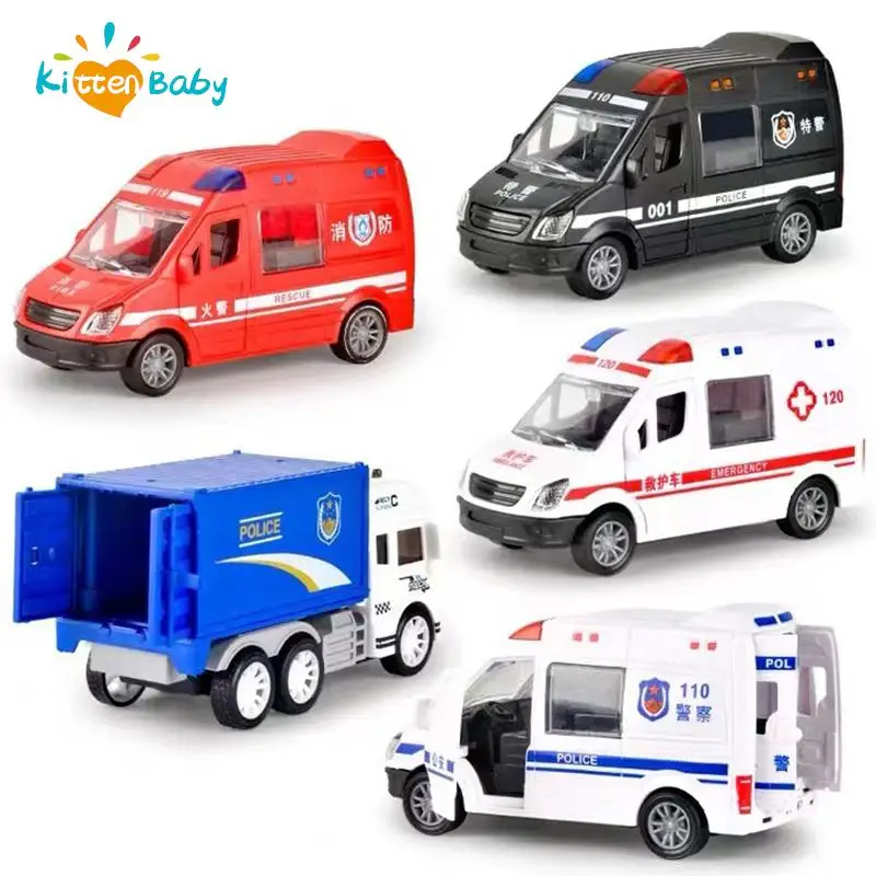 Simulated Fire Fighting Scene Car Mini Pull Back Toy Vehicle Model Wind Up Police Truck Ambulance for Children Boys Gift