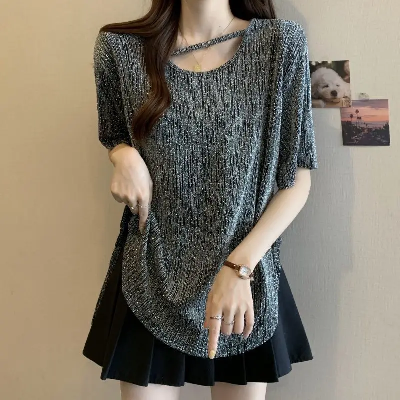 

2025 Summer New Loose Slim Top Large Size Fashionable Slit Short-sleeved T-shirt for Women