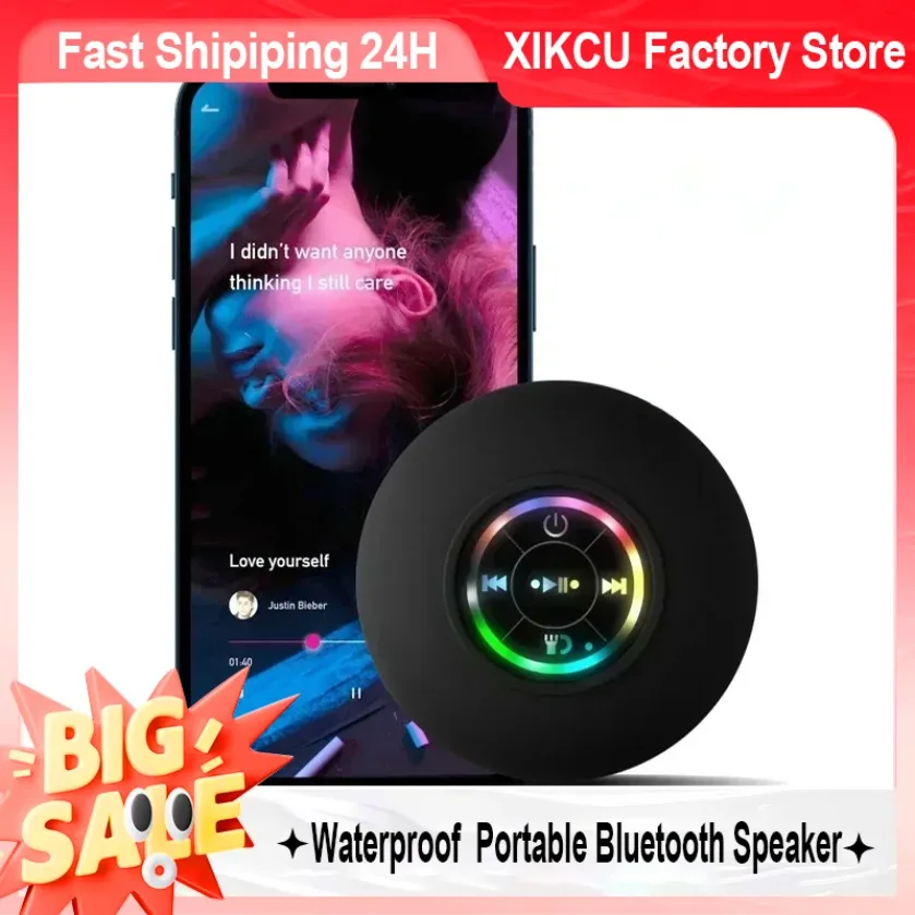 XIKCU مكبر صوت مقاوم للماء، مكبر صوت محمول بالشفط، ضوء LED، مكبر صوت بلوتوث قابل لإعادة الشحن للحمام المنزلي في الهواء الطلق