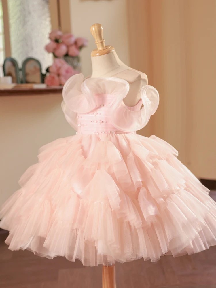 

Flower Girl Formal Dress Pink Wedding Show Christmas Party Costume Kids Princess Dresses Elegant Lace Vestidos Organza Prom Gown