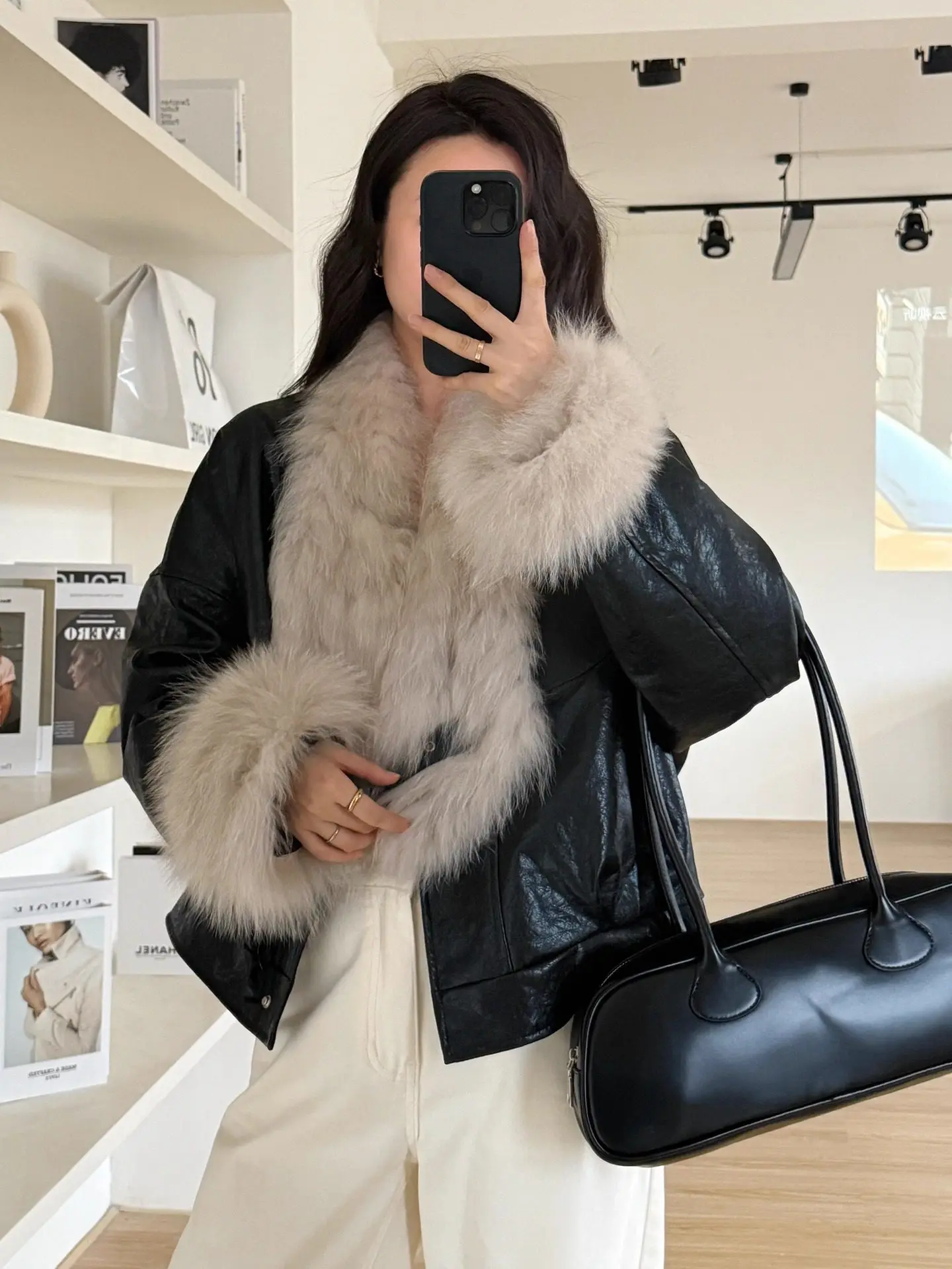 Dreamy Street 2025 Winter New Motorcycle oil wax suede fox Fur Fur Coat, goose down inner liner Parker.