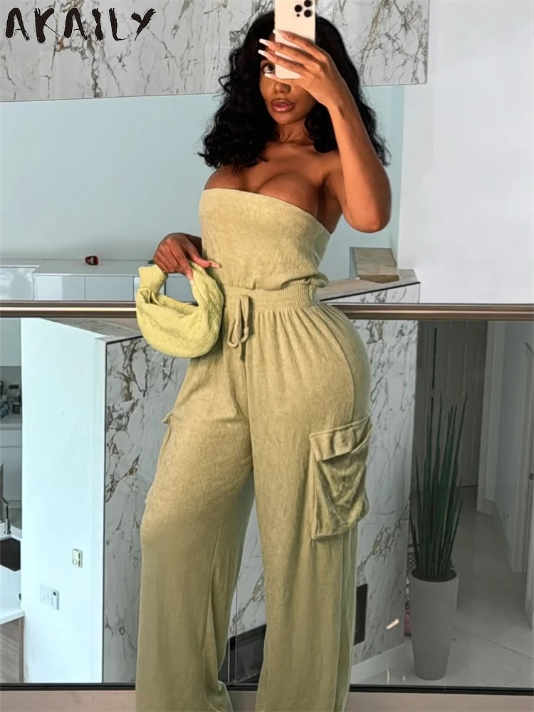 

Akaily Summer Green Multi-Pocket Wide-leg Jumpsuit Casual For Women 2024 Orange Strapless Backless Drawstring Cargo Overalls