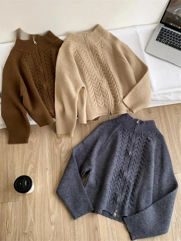 Unisex Lazy Vintage Sweater French Style Twist Drill Knit Zipper Full Sleeves Tops Autumn Women Workwear Cardigan
