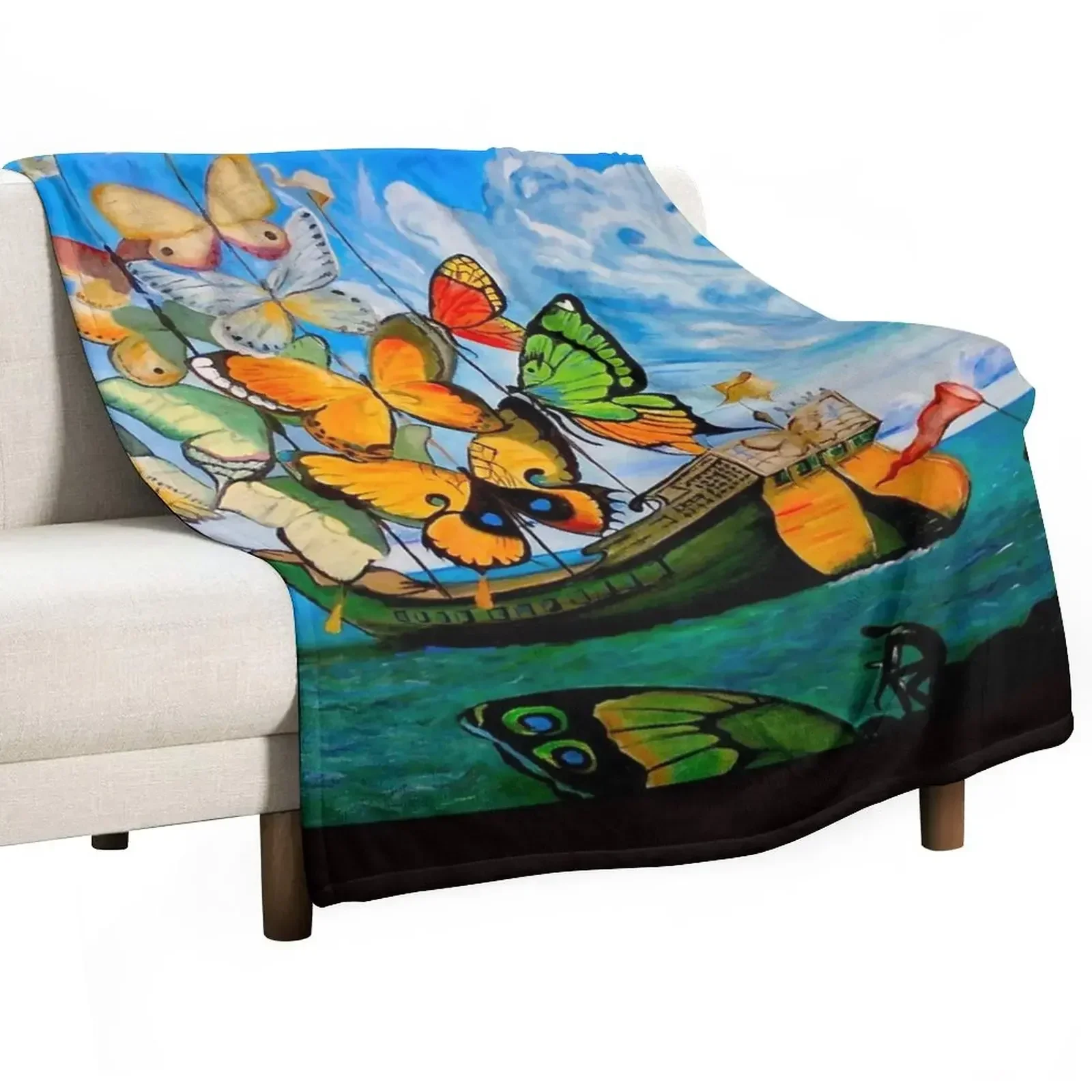 

BUTTERFLY SHIP : Vintage Abstract Painting Print Throw Blanket Shaggy Quilt Sleeping Bag Nap Blankets