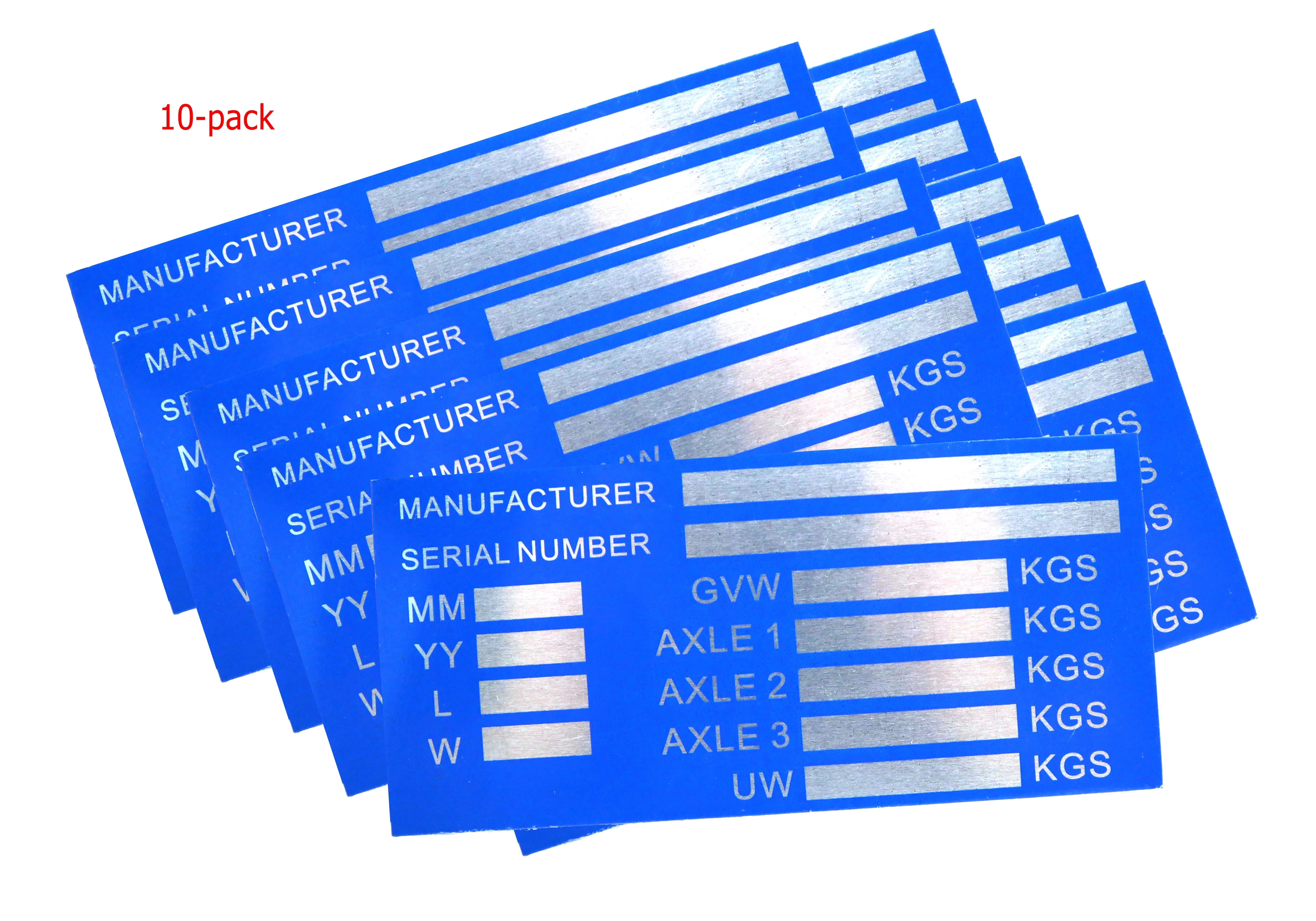 10-PACK VEHICLE TRUCK BOAT Trailer Blank VIN & Weight AXLE Chassis Plate 140mm x 65mm Identification Number