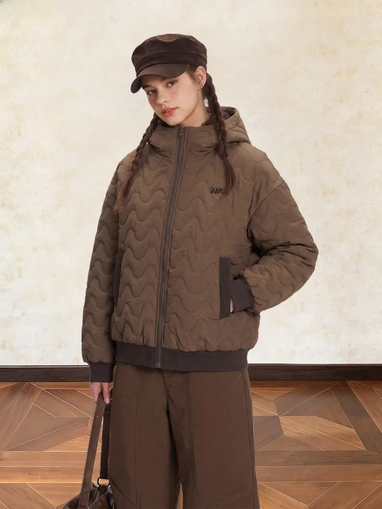 

Американская ретро-куртка с волнообразным узором, хлопковая, с капюшоном, женская, свободного кроя, на молнии, утепленная, зимняя верхняя одежда