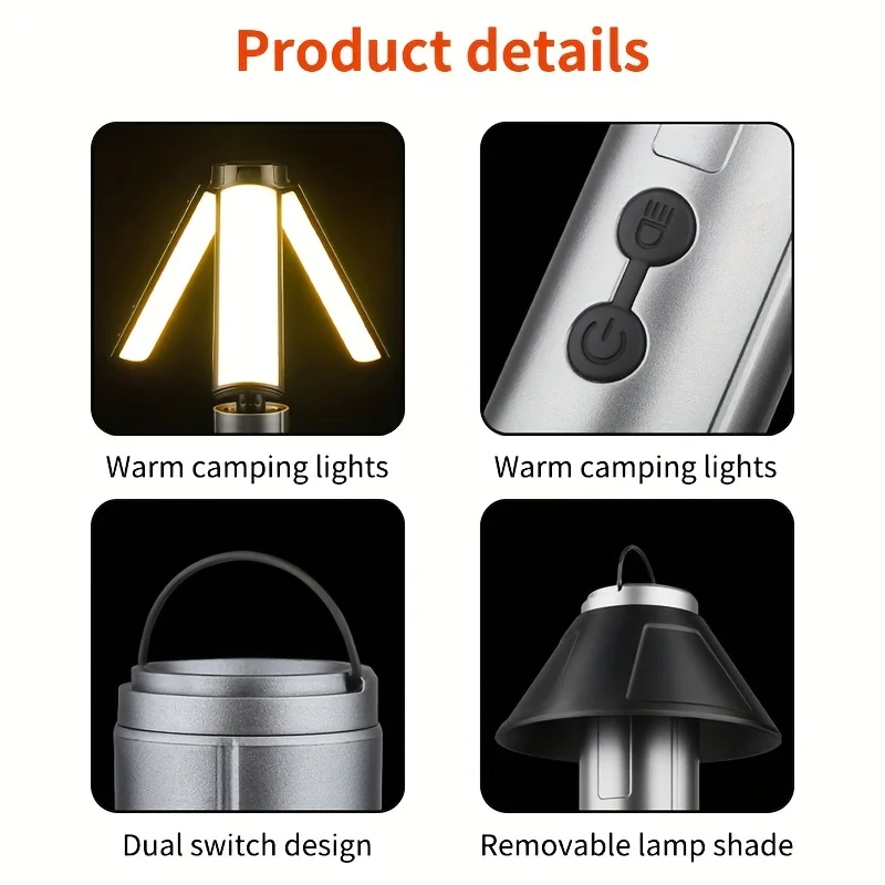 Luz LED plegable recargable por USB para acampar, linterna de pesca recargable con atenuación, luz de ambiente nocturno, luz de emergencia para energía