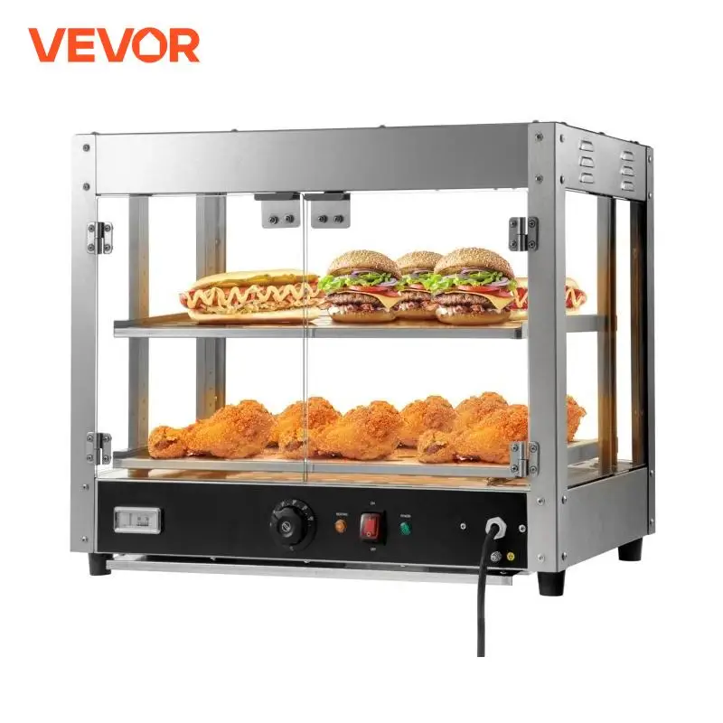 VEVOR Commercial Food Warmer Display 2 Tiers 800W Pizza Warmer with 3D Heating 3-Color Lighting Bottom Fan Countertop Warmer