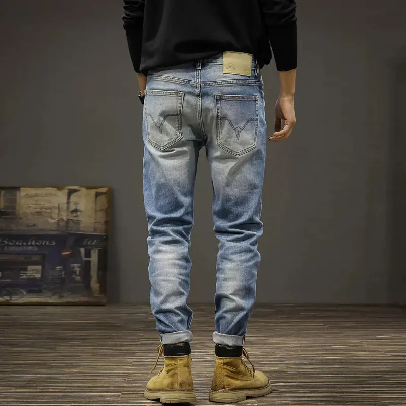 Fashion Designer Men Jeans High Quality Retro Blue Elastic Slim Fit Ripped Jeans Men Vintage Trousers Casual Denim Pants Hombre