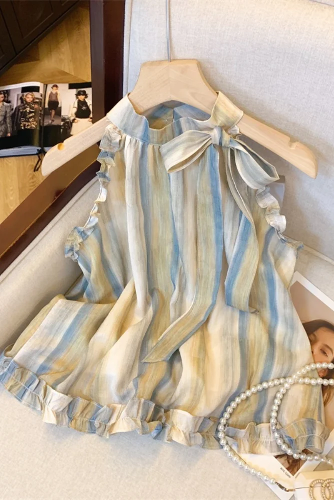 

Women's 2025 Contrast Striped Halter Neck Suspender Top Ombre Dye Ruffle Edge Summer Sleeveless Blouse Boho Chic Fashion Trendy