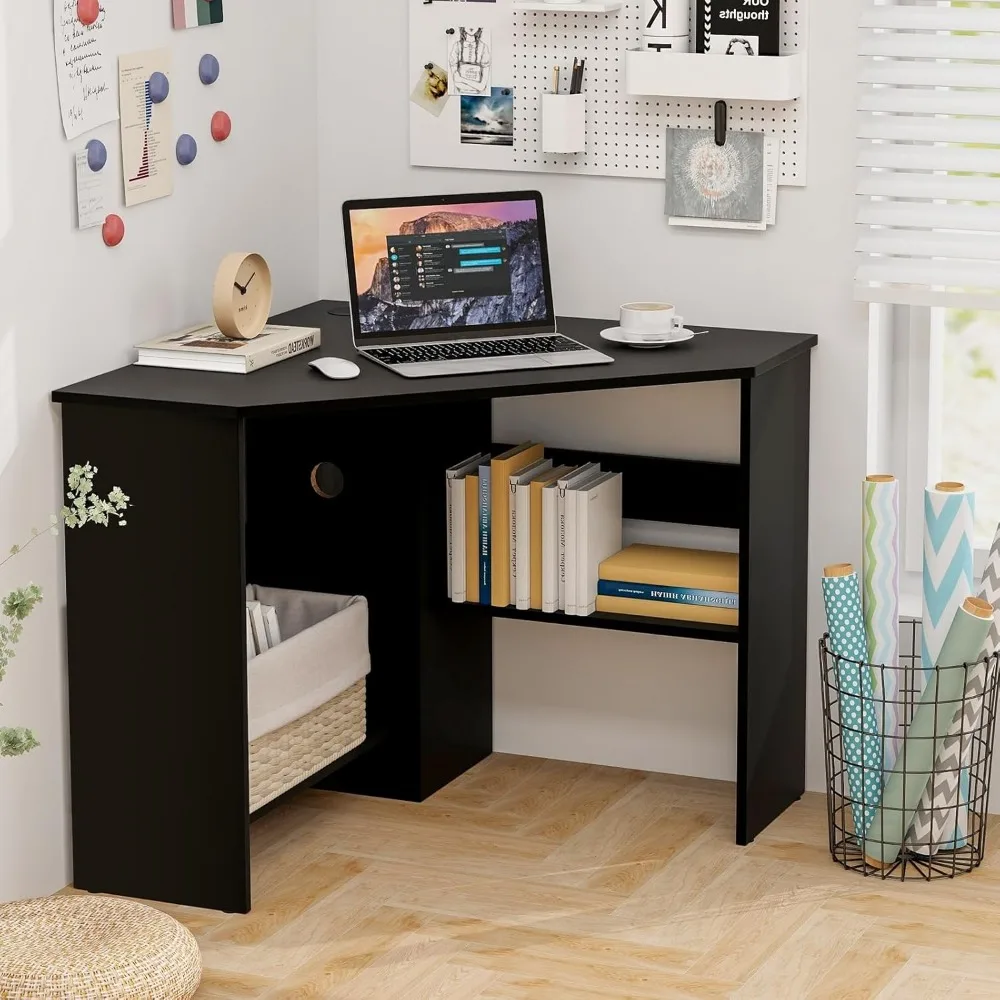 Corner Desk, 90 Degrees Triangle Corner Computer Desk for Small Space, Bedroom Corner Makeup Vanity Desk with Storage