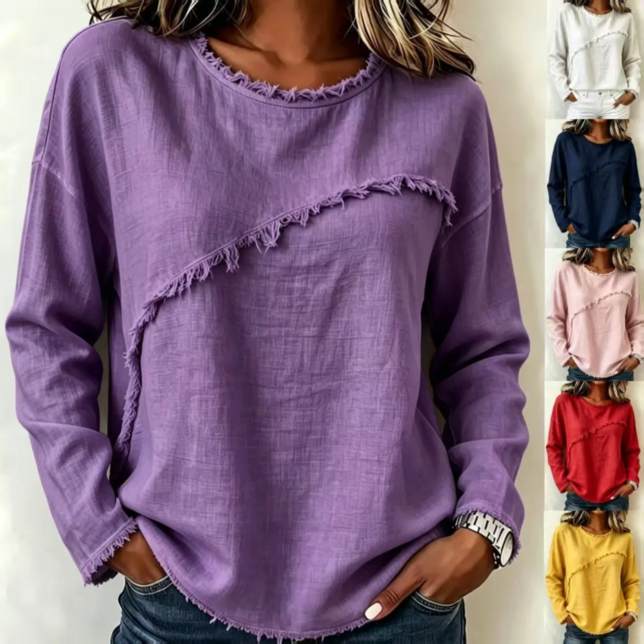 T shirt women 2026 fashion new round-neck lace patchwork long-sleeved T-shirt casual top tshirt women's clothing