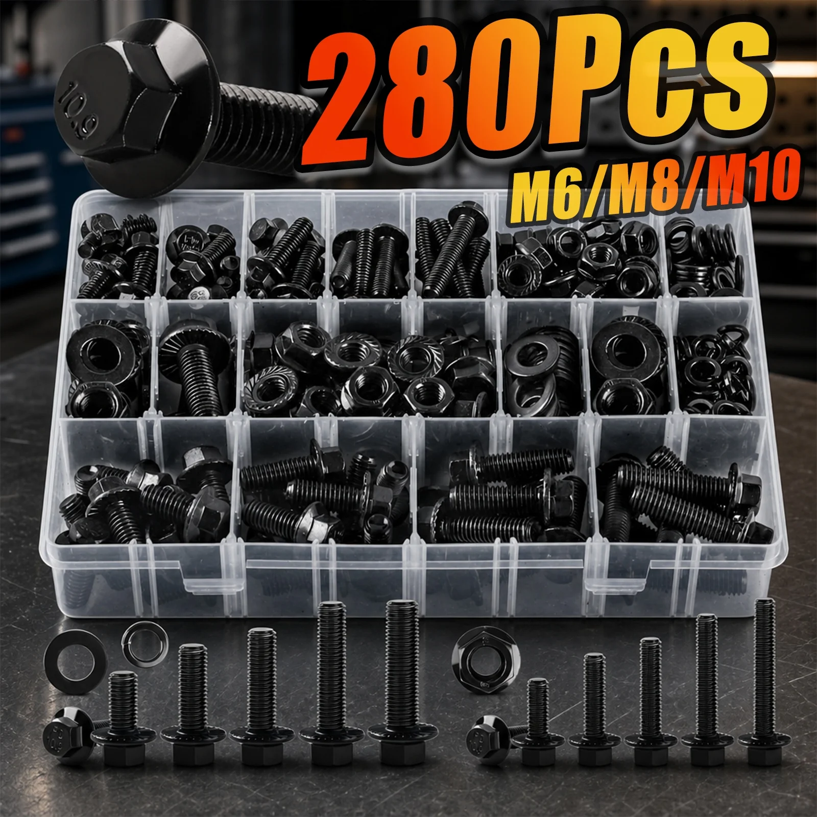 280PCS 10.9 Grade Black Flange Bolt Kit, M6 M8 M10 Hex Bolts, Nuts & Washers for Automotive Repairs