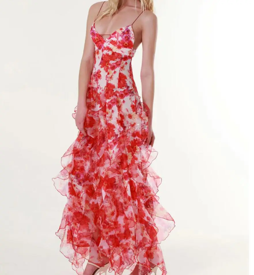 Spring/Summer New Off Shoulder Strap V-neck Printed Sexy Slim Fit Dress For Women,4 Colors