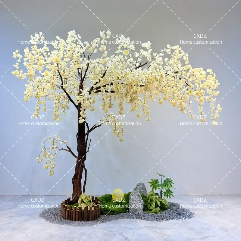 Simulation Cherry Blossom Tree Champagne Hanging Artificial Flower Large Decorative Ornament Indoor Living Room Floor to