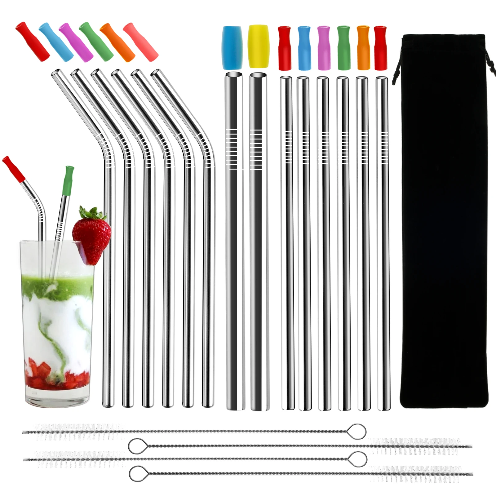 

14/28Pcs Stainless Steel Straws Set Reusable Metal Straws with 14 Silicone Tips and 4 Brushes Portable Drinking Straws Bar Tool