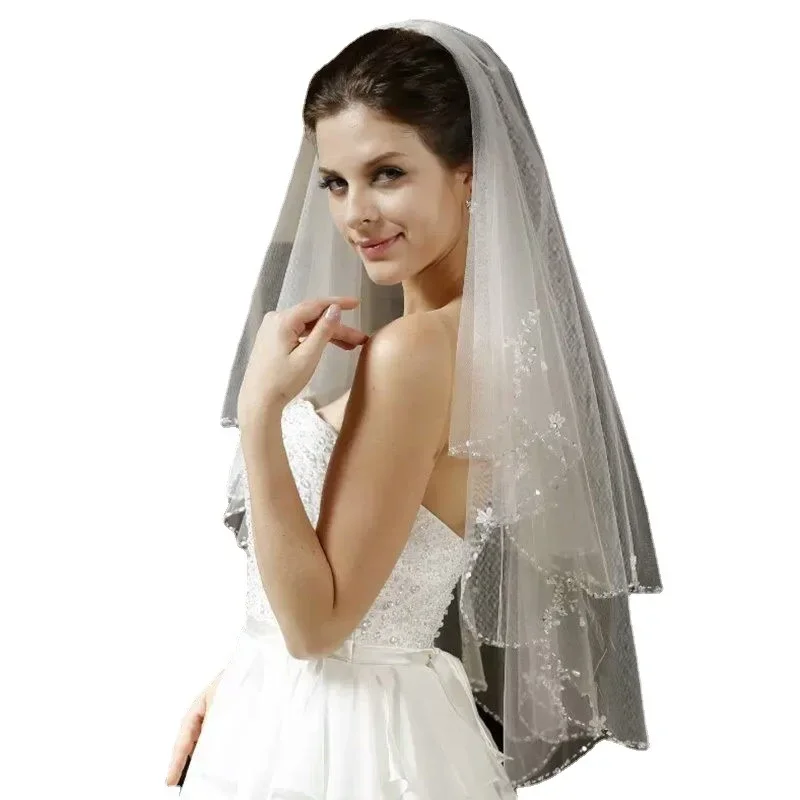 

New Velo da Sposa Sparkly 2 Tiered White/Ivory Elbow Beaded Edge Wedding Bridal Veil With Comb