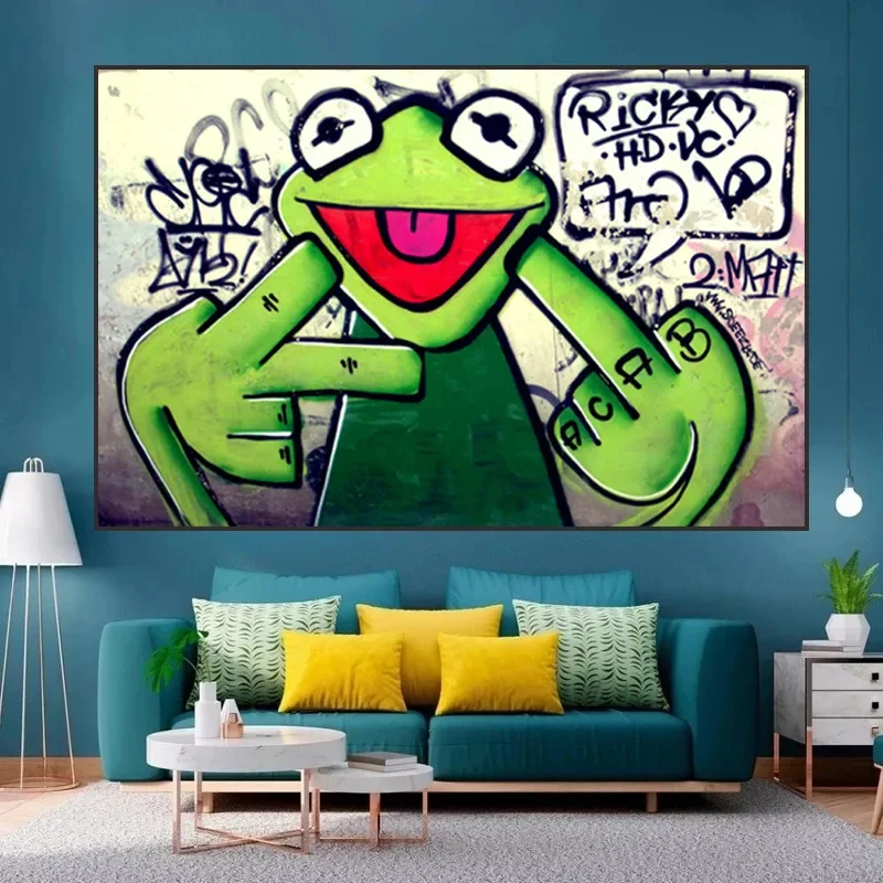 (No frame)Funny Animal and Frog Kermit Finger Poster Print Street Graffiti Art Canvas Wall Painting Pictures Aesthetic Farmho