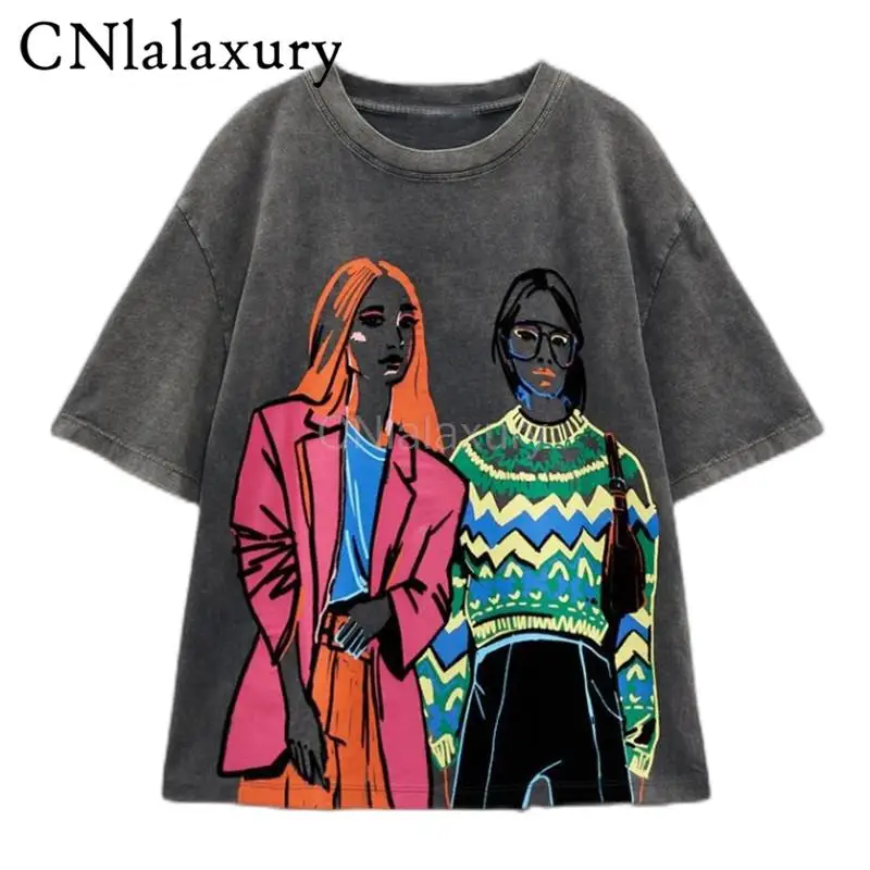 CNlalaxury Women T-Shirts 2023 Summer Tops New Fashion Girls Print Vintage Y2k Clothes Short Sleeve Casual Harajuku T Shirt