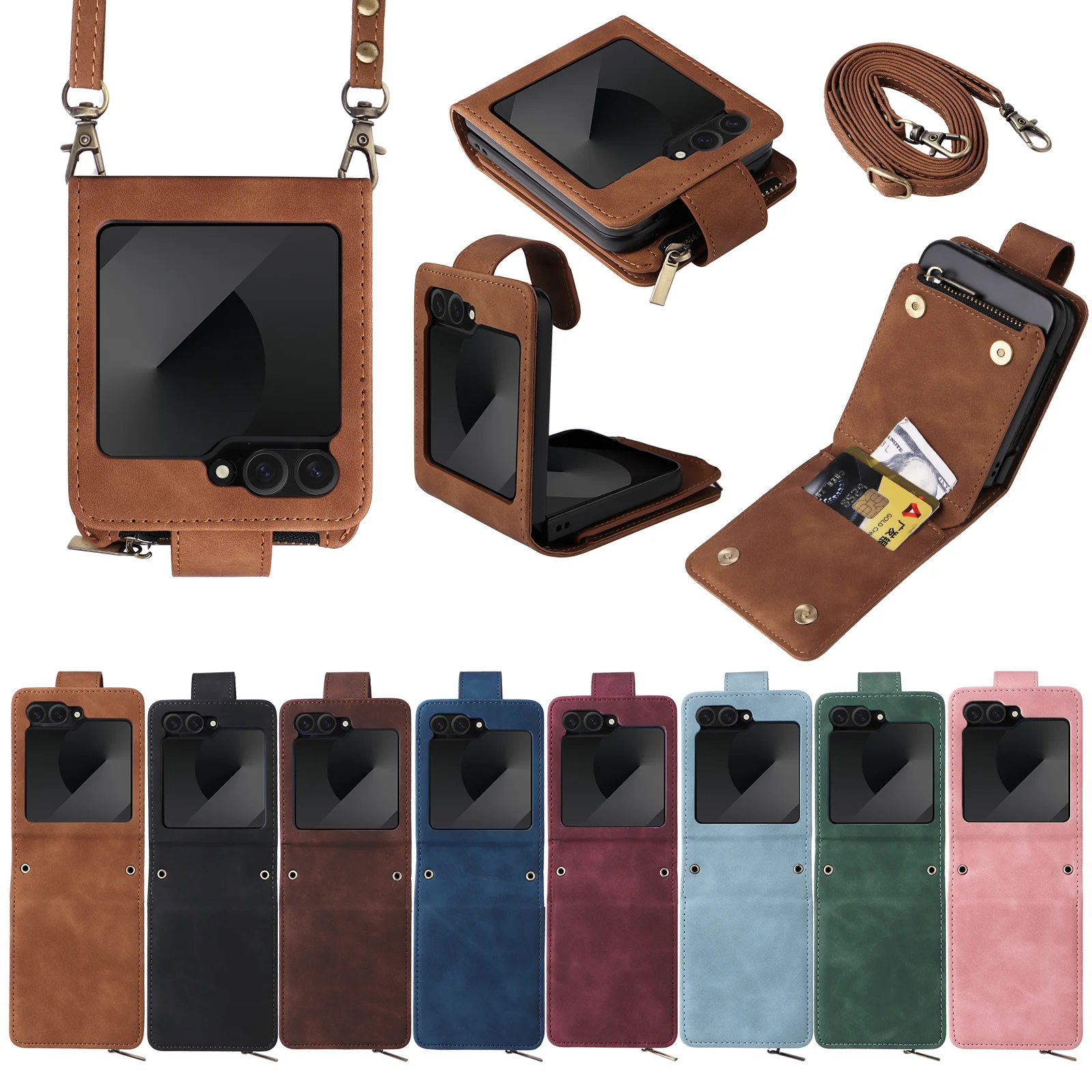 Premium Leather Business Phone Case For Samsung Galaxy Z Filp 7 Zipper Wallet Card Slots Magnetic Flip Cover For Z Flip 6 5 4 3