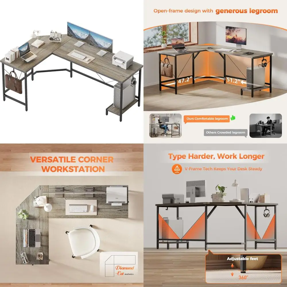 

50 Inch L-Shaped Gaming Desk with Cables and Hooks, Grey, Ideal for Home Office and Bedroom Workspace