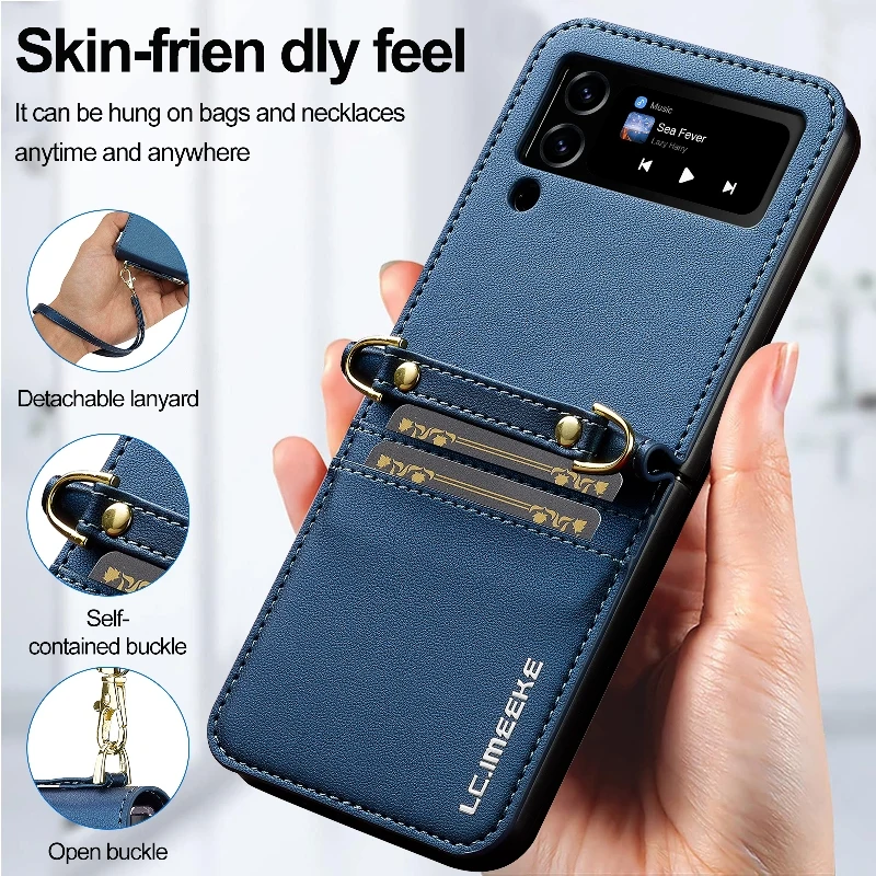 Retro Leather Folding Phone Cover For Samsung Galaxy Z Flip4/Z Flip 3 With Long Short Lanyard