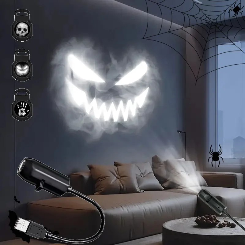 Lampe de Projection de crâne USB, veilleuse d'halloween, plafond foncé, mur, lumière d'ambiance, rotation à 360 degrés, conception de motif commutable