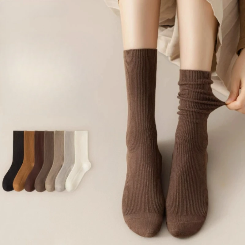 

1/7 pairs of women's pure cotton comfortable mid length socks for autumn winter solid color versatile simple casual socks