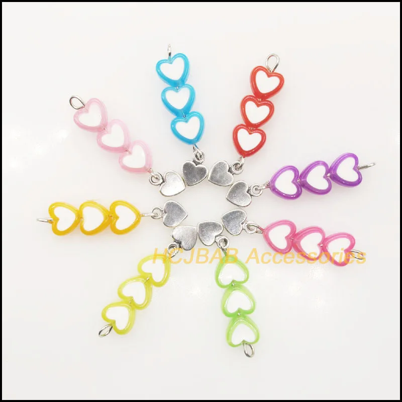 16Pcs Silver Plated Tiny Heart Drop Mixed Acrylic Heart Charms Pendants 8x37mm