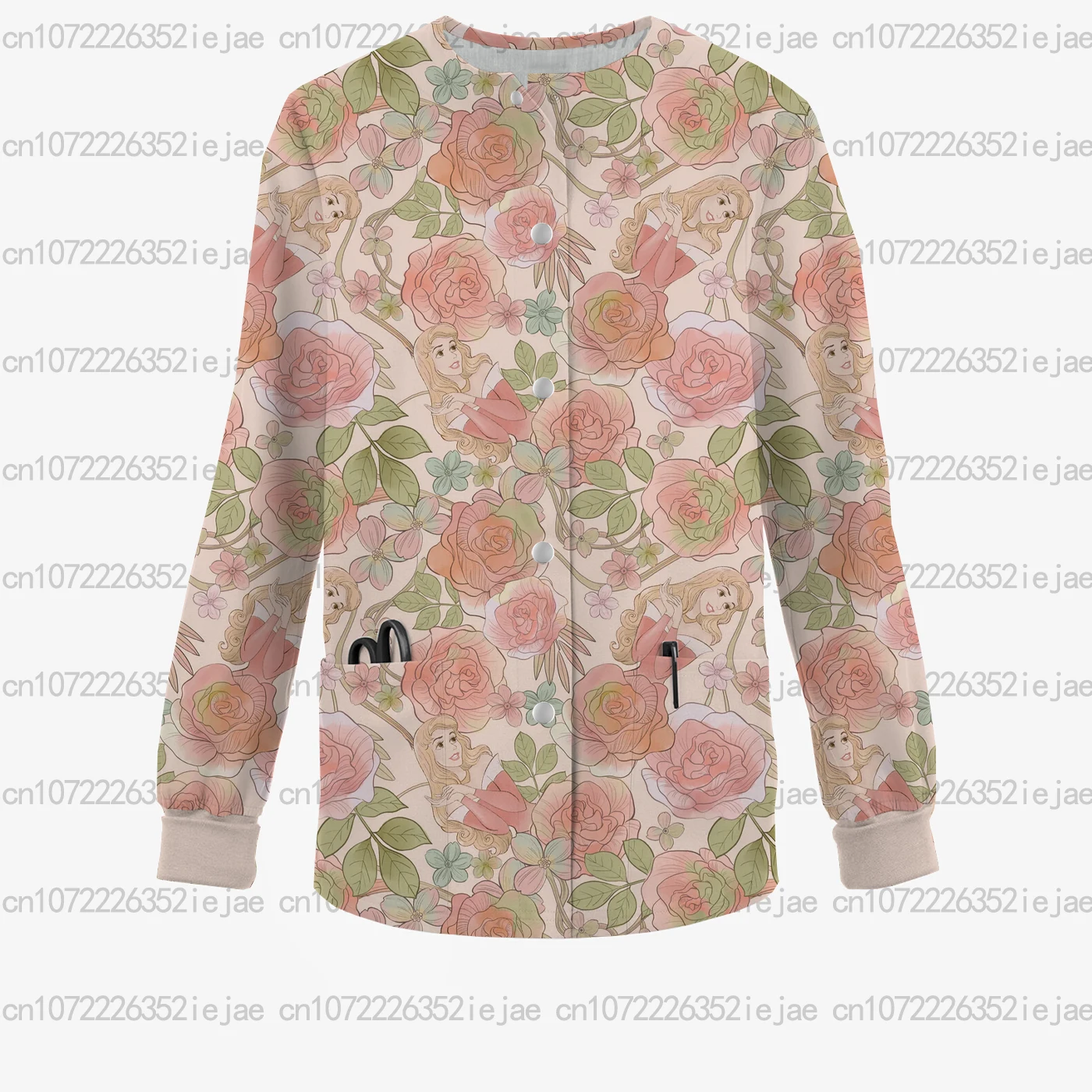 Winterverpleegkleding voor dames, Disney Doornroosje Prinses Print Ronde hals Zak Frosted Jas/Jas voor schoonheidssalons