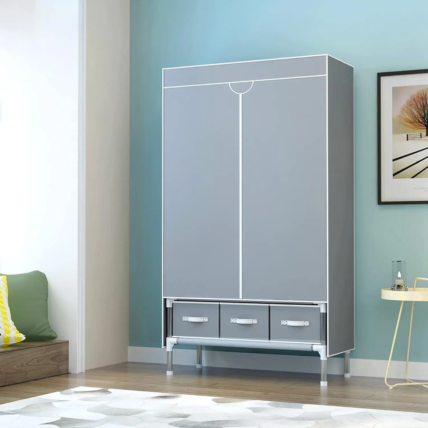 

Portable Clothes Closet Rolling Door Wardrobe with Hanging Rack Non-Woven Fabric Storage Organizer -35.4 x 17.7 x 67.0 ‘’ (Gray)