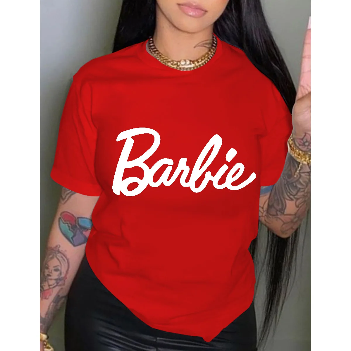 Barbie Short Sleeves Fashion Ladies Printed Pullover Round Neck T-shirt  Y2k Girls Loose Soft Summer Tops Versatile Yoga Clothes