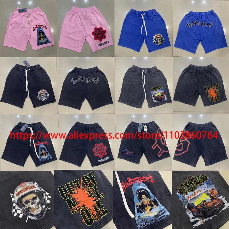 

Ретро-шорты GOD SPEED для мужчин и женщин, свободные, с принтом логотипа, пляжные, черные, повседневные, с эффектом потертости